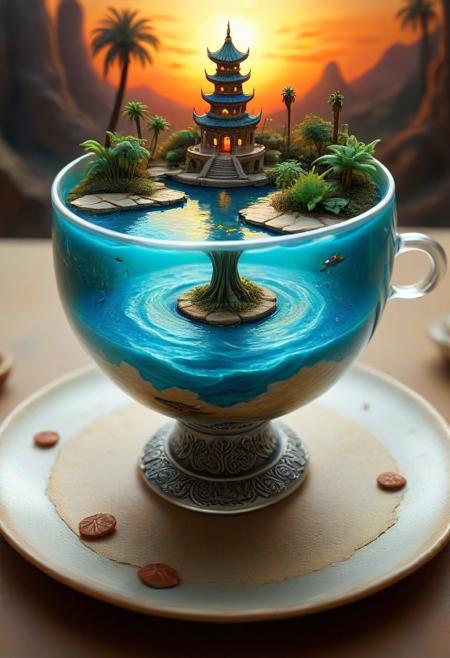 tilt-shift photo of best quality double exposure complex surreal painting on cracked paper, macro, microworld,  hyperdetailed,   insanely detailed, surreal, tiny genie spirit creature, flying oasis landscape placed inside a cup on the table in room. waterfall, lotus flowers,temple palms desert filigree, table cinematic, big eyes 32k, by Rockwell, WLOP Ryniac, Craola, Disney, van Gogh, highly detailed, intricated, intricated pose, high quality, centered, perfect composition.,
<lora:Midjourney_-_SemiReal_Dreams_FLUX_LoRA:1>,<lora:hyper-detail-illustration:1>, Selective focus, miniature effect, blurred background, highly detailed, vibrant, perspective control