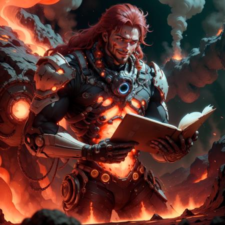 <lora:ExoMagmaTech-20:0.8>, exomagmatech , scifi,  lava skin , translucent  , 
scholar , scroll, 1boy,long hair, red hair, glowing eyes, smile ,closed mouth, man ,