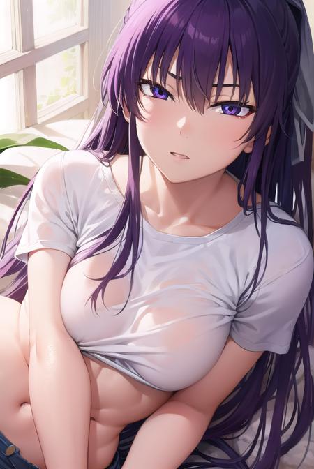 kaori kanzaki, long hair, ponytail, (purple eyes:1.1), purple hair, ribbon, hair ribbon, midriff, navel, pants, shirt, short, tied shirt, toned, torn clothes, belth, denim, short sleeves, white shirt,