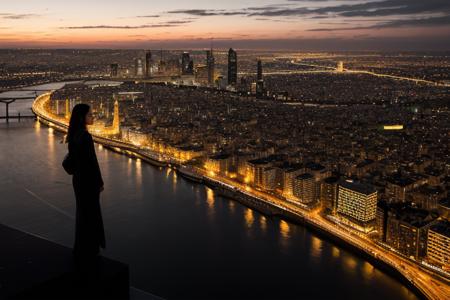 a photorealistic image inspired by the cerebral and visually stunning style of Christopher Nolan's films. Envision a sleek, modern cityscape at twilight, where a young, South Asian woman stands atop a high building, overlooking the sprawling metropolis below. The scene should capture Nolan's trademark blend of realism and grandeur, with architectural structures bathed in the cool, ambient light of the setting sun. The woman's expression is thoughtful and resolute, suggesting an inner turmoil or a momentous decision. The city below is a maze of light and shadow, reflecting the complex narratives typical of Nolan's storytelling. The image should be shot as if on an IMAX camera, with a wide, expansive frame and crystal-clear detail to emphasize the vastness and the intricate beauty of the urban environment