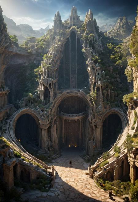 (POV view , DOF, first people view from the entrance, low angle shot:1.4),
(Ancient civilization, Alien Prometheus movie scene, dune movie scene:1.5), 
Emerging from the embrace of shadow, the last wanderer steps into a realm woven by the gods. In an ancient ruin that breathes secrets, their journey unfolds as the universe unveils the dance of light and darkness. Fighting the Forgotten Guardians and pursuing the Cone Relic, they tread a path of danger and awe. From the silent depths of the catacombs to the star whispers of ancient observatories, every discovery peels back the veil of reality. Facing the guardians of the abyss, seeing the majesty of the crystal dragon, the last wanderers embrace their destiny, not as a harbinger of redemption, but as seekers in the labyrinth of time, a mystery that echoes the eternal questions of existence itself.
(Large Files, Ultra Realistic, 8K, 16k, FHD, HD, VFX, Perfect, Photography, composition, Architecture Sales Photography, Architecture Competition, Ultra High Resolution, Cinematography, High Resolution Image:1.1), (dramatic lighting, direct sunlight, ray tracing, clear shadow:1.2),  (real landscape:1.1), (blurred background:1.0), (urban background, more_details) ,
extremely detailed, hillscastel, <stardeaf-cold-arc>, great lighting, clear, Neo Classic