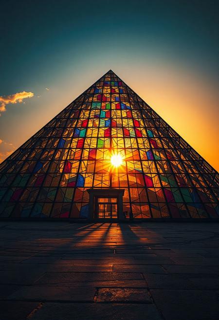(Photorealistic photograph:1.5), looking at giant wide based pyramid entirely of multicolored stained glass, (sun shining through glass),sunset golden hour