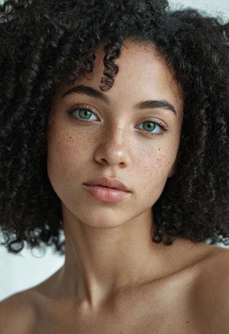 Close-up portrait of a stunning young woman of mixed race, with large emerald green eyes, voluminous natural black curly Afro hair, soft freckles, sensual full lips and smooth, flawless skin. Skin color is R191G149B124. Photo model quality. She looks directly at the camera with a calm, confident expression, neutral pose. Natural light, shallow depth of field, dreamy cinematic atmosphere, hyper-realistic details, soft background, sharp facial features, professional beauty photography style.