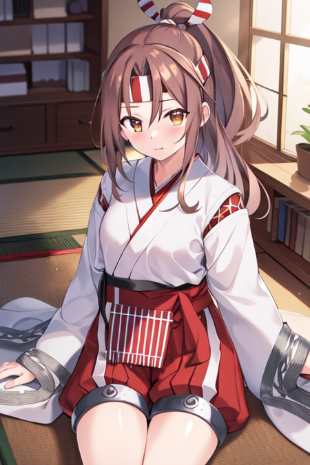 zuihouKC, 1girl, solo, japanese clothes, wide sleeves, headband,high ponytail, hakama, red shorts, hachimaki,