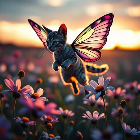 cinematic film still a cat-butterfly hybrid with delicate, colorful wings, leaping playfully among the flowers in a meadow at sunrise, with the morning light casting long shadows across the petals. shallow depth of field, vignette, highly detailed, high budget, bokeh, cinemascope, moody, epic, gorgeous, film grain, grainy