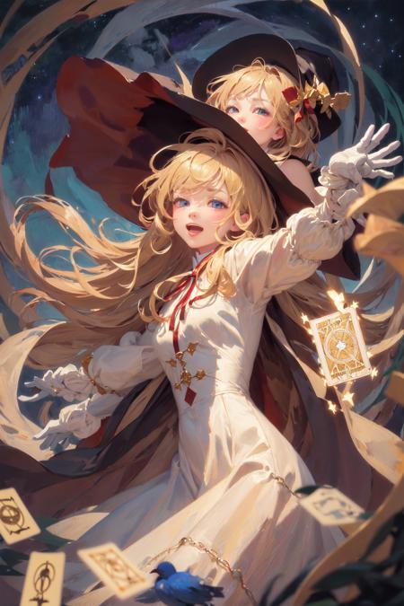 ((masterpiece:1.2, best quality)), 1girl, solo, (witch hat), blonde hair, long hair, dress, aurora, night, star (sky), gloves, sky, white dress, night sky, open mouth, starry sky, blue eyes, ribbon, very long hair, red dress, smile, hair ribbon, cape, blue hair, (bird), magic, casting spell, dark clouds, night, (impressionism:1.4), (tarot:1.3), alphonse mucha,