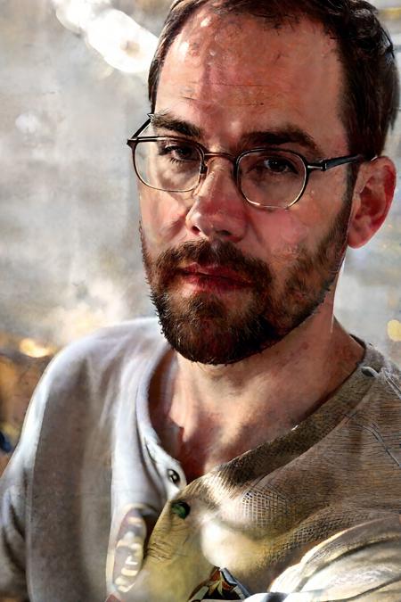 portrait of  <lora:ajy1990:1> ajy1990 wearing glasses and a henley shirt, sitting in a theater alone, spotlight <lora:spotlight:0.85>,  <lora:oilPaintingBrushStroke:0.85> (bichu:0.5),  (CinematicTools_DepthOfField:0.8),  (autumnStyle:0.3), close up, buzzcut