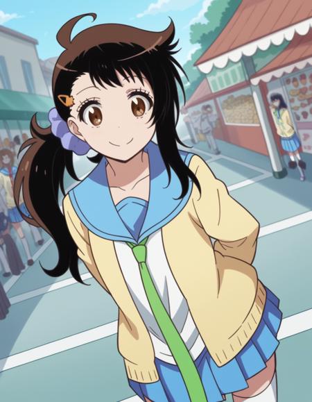 haru onodera, long hair, brown hair, black hair, hair ornament, brown eyes, hairclip, side ponytail, scrunchie, cardigan, yellow cardigan, skirt, shirt, thighhighs, school uniform, collarbone, white shirt, pleated skirt, necktie, serafuku, sailor collar, red ribbon, blue skirt, blue sailor collar,