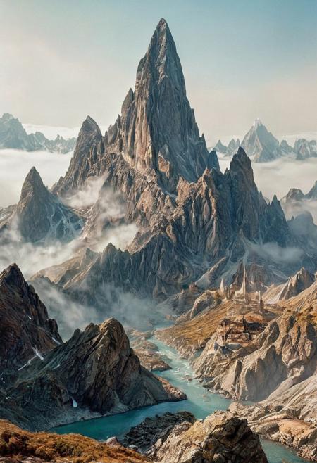 towering peaks veiled in mist.precious stones, concept art, hyper detailed intricately  intricately detailed, complex, elegant, expansive, fantastical, film photography style,  medium grain, FRESHIDESH Moebius comic book