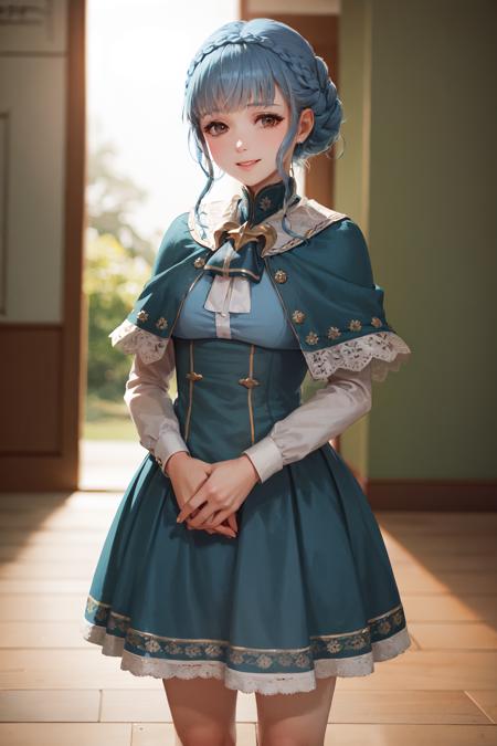 (masterpiece, best quality:1.2), <lora:fireemblem_marianne-10:0.9>, cowboy shot, solo, 1girl, marianne von edmund, smile, looking at viewer, blue dress, capelet