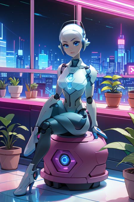 android blue Eyes, blue Eyes, white skin, robot, cyborg , drawing, painting on paper, inks, ink pots, shelf((Masterpiece)), (Best Quality), Art, Highly Detailed, Extremely Detailed CG Unity 8k Wallpaper, (Curves: 0.8), (Full Body: 0.6), 3DMM, (Masterpiece, Best Quality) sitting, white sleeveless shirt, no bra, small chest, on the arm, sitting, drawing, jeans, black pants, cartoonist, studio , white walls, neon pink lights, neon lights, pink lights, wooden shelf, flower pots, plants, decorative plants, window, window, city view, , 12334, Q , perfect eyes,12334