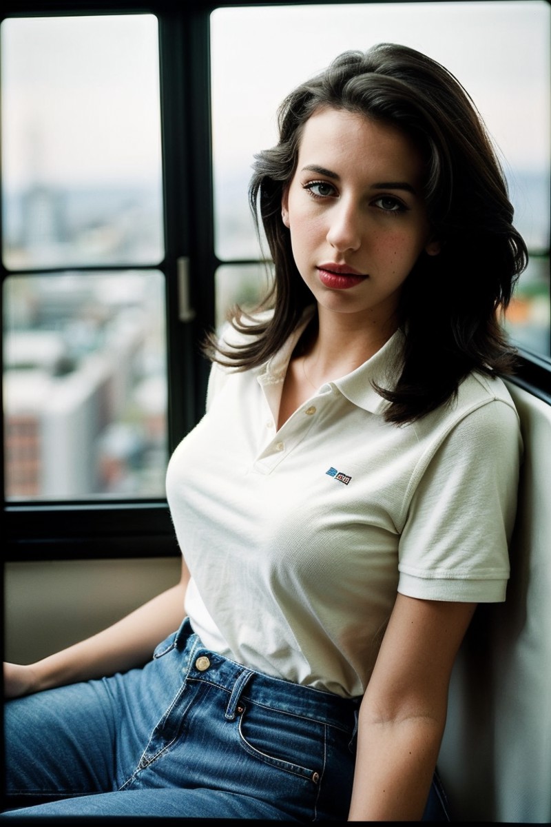 photo of beautiful (J4n4D3f1_HM_v2-135:0.99), a woman, perfect hair, serious look, (modern photo), wearing polo shirt and ...