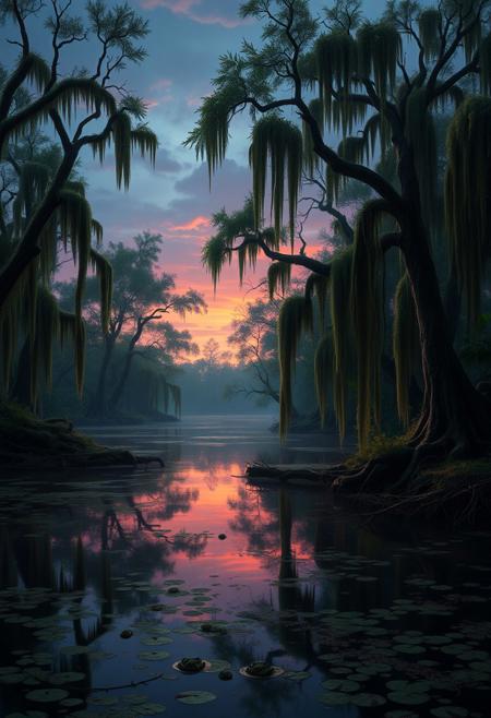 A serene bayou landscape with moss-draped trees, tranquil waters, reflecting the twilight sky, rich greens and browns, details of frogs and crickets adding to the ambiance, beautiful lighting, hyper-realistic digital painting, cinematic atmosphere, atmospheric, 8k resolution.