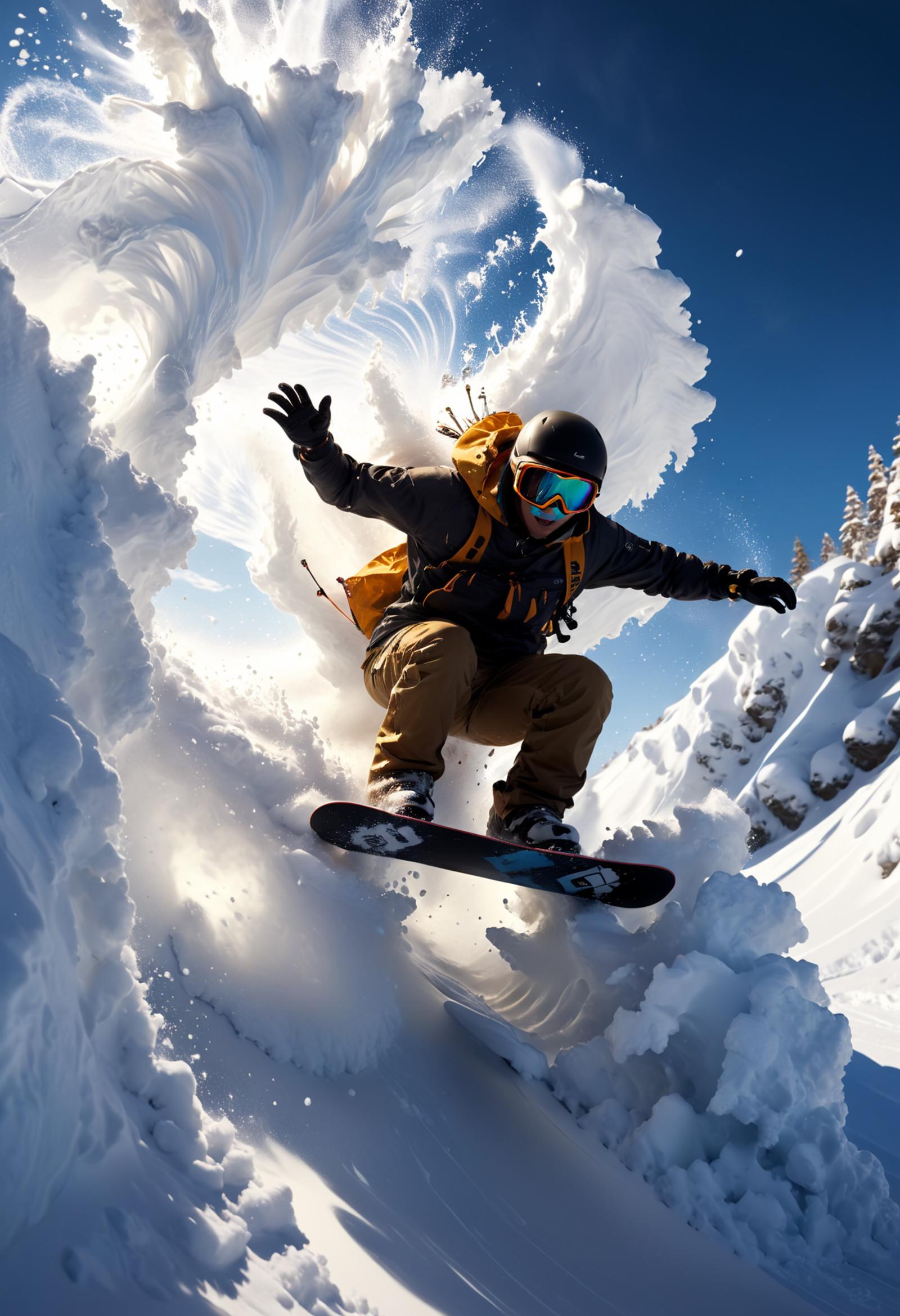 A snowboarder in a yellow jacket and goggles flying through the air while snowboarding down a mountain.