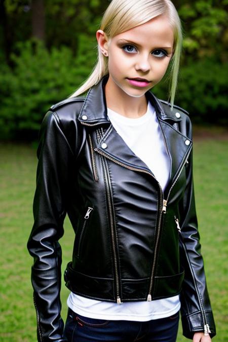 eighteen year old girl wearing a black leather jacket and black zip up sweater, realistic, analog photo, masterpiece, trending on artstation,