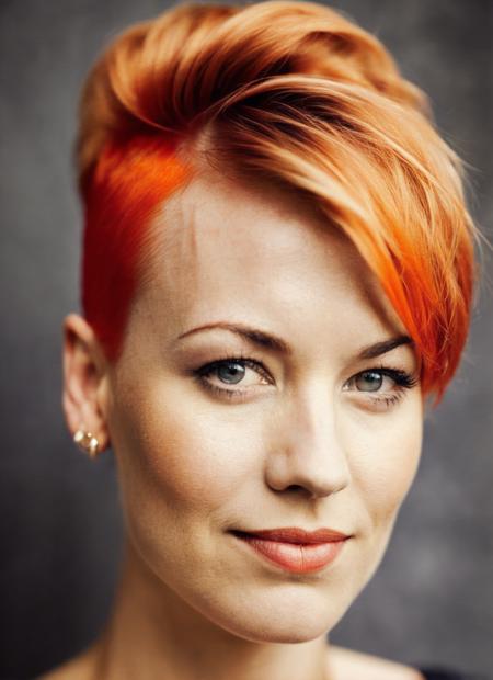 analog style, modelshoot style, portrait of sks woman by Flora Borsi, style by Flora Borsi, bold, bright colours, orange Mohawk haircut, ((Flora Borsi)), <lora:locon_yvonne_v1_from_v1_64_32:1.3>