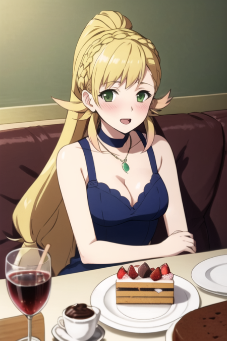 masterpiece, best quality, <lora:sharenaV2-10:1>, 1girl, sharena \(fire emblem\), fire emblem, fire emblem heroes, blonde hair, long hair, ponytail, crown braid, low-tied long hair, green eyes, facing viewer, looking at viewer, happy, open mouth, blush, sitting, bare shoulders, dress, sleeveless dress, blue dress, necklace, breasts, medium breasts, cleavage, cup, drinking glass, drinking straw, wine, cake, cake slice, plate, food, dated, cafe, couch, on couch, pov, solo, spoon, chocolate cake, indoors, simple background, official art, official style,