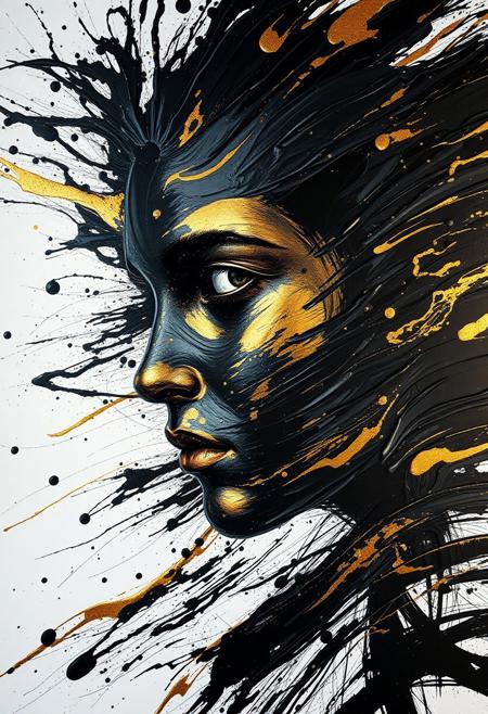A hyper-stylistic, extremely detailed image depicts a breathtaking painting, crafted from a combination of smeared black and gold metallic paint. A face is captured in a streaked motion, as if it is moving rapidly in one direction. The black paint is applied in bold, dynamic strokes, creating a sense of energy and movement that is contrasted beautifully by the golden accents. The gold paint is used to highlight the face's features, adding a sense of depth and dimensionality to the image. The overall effect is one of breathtaking, surreal dynamism, as if the viewer has captured a fleeting moment in time. Every detail of the image is meticulously crafted, from the delicate, swirling patterns of the gold paint to the intricate, textured patterns of the black paint. The contrasts between light and dark, color and texture, create a sense of tension and energy that draws the viewer in, inviting them to explore the kinetic world of the painting. highest-Quality, intricate details, visually stunning, Masterpiece