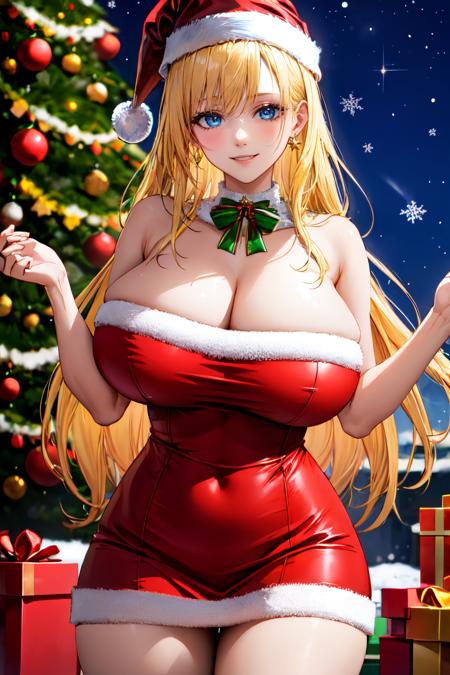 hot christmas, 1girl, breasts, blonde hair, solo, blue eyes, hat, huge breasts, christmas tree, cleavage, long hair, christmas, santa hat, looking at viewer, smile, gift, santa costume, fur trim, thighs, dress, red dress<lora:hot_christmas:1>