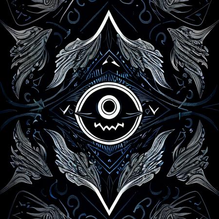 sympattern, blue and black doodle pattern wallpaper, all seeing eye, angel wings, cthulhu, ominous atmosphere