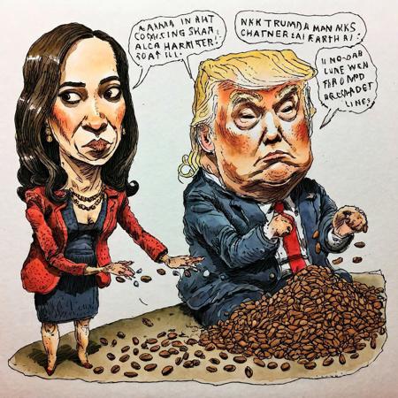 (extremely rough:1.5) (hand drawn:1.5) ink and color  (sketch:1.5) of Donald Trump and Kamala Harris counting and dividing beans, caricature  in cuneo style, (full character:1.4),   (irregular lines:1.5), complete outfit, candid pose,  extremely detailed, (surreal:1.5), paper texture background