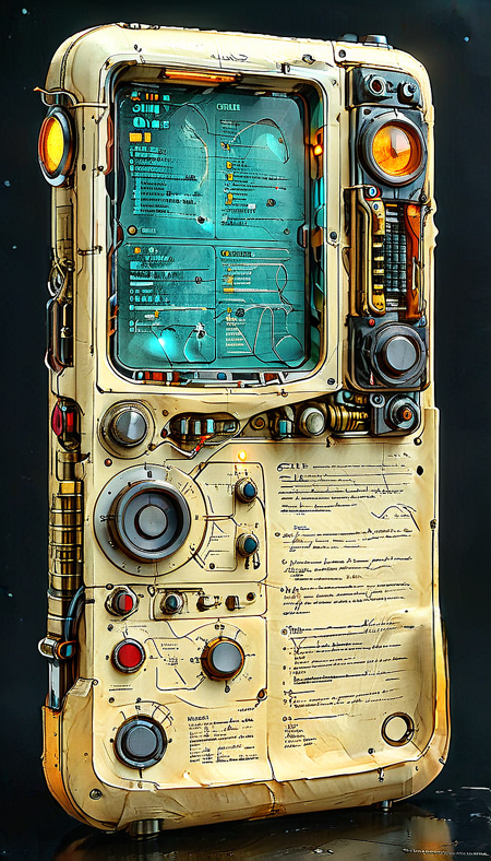 (cel-shading:2)+, (in ARTIST style:1.6), (masterpiece:1.7), night, glow neon, hyperrealism, glossy, shinny, clear image, accurate picture, clear picture, precise image, focused image, sci-fi,
An illustrated medieval old worn page of  (science fiction texture, science fiction skin, science fiction, someplastic, no humans, black background, simple background, phone, still life, cable, screen, cellphone, english text, old style, old phone, device, wearable item),  made with ingredients including: (antenna, parts, wires),
text is Old English and Gothic, parchment page, intricate details, muted colors, high resolution, best quality, fantasy vibe (ultra sharp focus:2),  (thin lines:2), (best quality:1.8),
<lora:MJ52:0.8> <lora:ParchartXL_CODA:1>,
<lora:add-detail-xl:1> (ultra sharp focus:1.8), (detailed skin:1.8), (thin lines:1.8), (best quality:1.8),
<lora:Apparatus_-_Traction_City_Walkers_Vehicles:0.7>, <lora:Someplastic_b:0.6>,
<lora:glowneon_xl_v1:0.6>