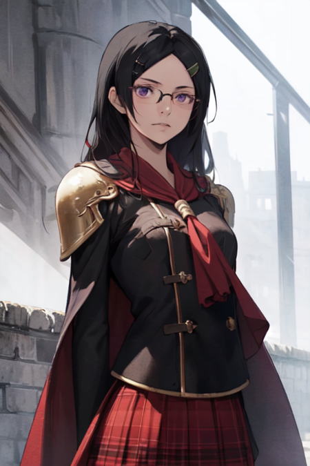 QueenFF, 1girl, solo, long hair, skirt, black hair, red cape, armor, plaid skirt, purple eyes, hairclip, shoulder armor, glasses, school uniform, 