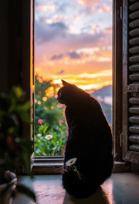 (Soft Lighting Photography by Mimoza Veliu and Mario Giacomelli:1.2), a cat perches on a windowsill at dusk. The feline, with its black fur and striking eyes, sits majestically in profile view, gazing out of the window with an expression of contemplation. The sky outside is painted with hues of orange and purple, suggesting the setting sun. The window, framed by wooden shutters, offers a view of lush greenery under the fading light of day. The cat's position on the windowsill provides a vantage point overlooking plants that seem to be in full bloom. The room is softly illuminated by the ambient light from the window, casting gentle shadows around the space. The overall atmosphere is one of tranquility and introspection, as if time has momentarily paused for this serene scene., solo, sitting, standing, tail, closed eyes, flower, outdoors, sky, day, cloud, indoors, water, from behind, blurry, tree, blue sky, no humans, window, animal, leaf, sunlight, cat, cloudy sky, plant, white flower, red flower, scenery, desk, backlighting, reflection, sunset, sun, facing away, potted plant, black cat, animal focus, twilight, evening, whiskers, gradient sky, orange sky, black fur, dusk, daisy, open window, looking outside, windowsill