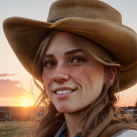 Sadie Adler, 4k, f/1.8, volumetric lighting,  (long, straight hair:1.5), ((brown eyes)), smiling at the camera, wearing a ((cowboy hat)), wearing a white shirt, ((at sunset)), (closeup:0.8)<lora:Sadie Adler:1>