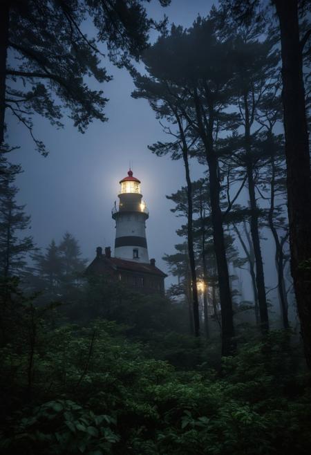 An old, 
partially broken lighthouse in a  night deep dark forest, 
its light shining through the treetops, 
fog around and a big old ship on the horizon