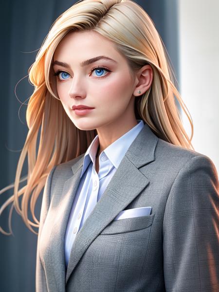 A beautiful p4ul1n4p woman, 1girl,solo,long hair,blue eyes,blonde hair,shirt,closed mouth,jacket,white shirt,upper body,necktie,collared shirt,lips,looking to the side,looking away,formal,suit,blue necktie,realistic,grey jacket,nose,soft lighting, professional Photography, Photorealistic, detailed, RAW, analog, sharp focus, 8k, HD, high quality, masterpiece<lora:p4ul1n4p:1.0>