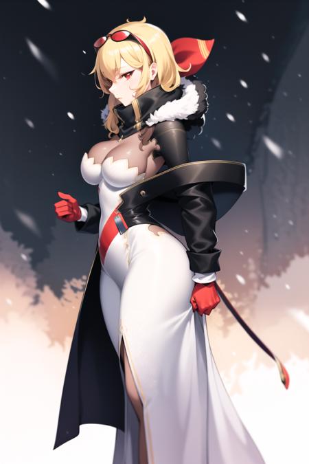 2d, masterpiece, best quality, anime, highly detailed face, highly detailed eyes, highly detailed background, perfect lighting, full body, 1girl, solo, kaela kovalskia, tall, red-tinted eyewear, eyewear on head, fur trim, white dress, gloves, red hairband, large breasts, from side, snow <lora:kaela-kovalskia-09:1>