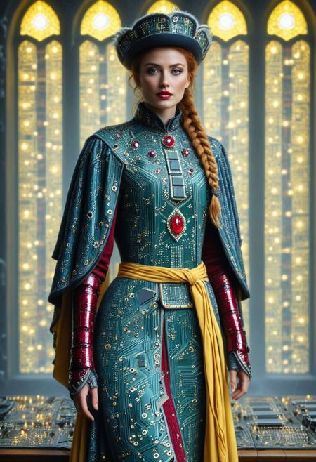 pcb_style, nbn-freyja, (pcb_style background:2), indoors, standing, 1woman, solo, long hair, black choker, eyeliner, gorgeous lips, covered breasts, cinematic, best quality, ultra-detailed, very aesthetic, (natural eyes:1.4), freckles, aloof, (masterpiece:1.1), small waist, fitness body, wide hips, 32 years old, golden blond hair, censored, (big stained glass windows:1.4), (pcb_style Victorian dress:1.6), (red ruby clothes:1.6), high end closure, Evil Queen, cinemascope, moody, epic, gorgeous, film grain, natural hands, red elbow gloves, knee boots, dramatic, ritual magic, freyja, auburn hair, braided hair, magic, Viking queen, mythic beauty, feathered cloak, fur, armor, robe, braid, rune jewelry, photorealistic, cinematic, flowers, jewelry, photorealism, cinematic lighting, high fantasy, mythic portraiture, soft background, northern folklore aesthetic, (fully dressed:2), (RAW photo), 4K, best quality, realistic, photorealistic, masterpiece, extremely detailed, an extremely delicate and beautiful, dynamic, realistic anatomy, candle lighting, perfect shading, professional shading, depth of field,  perfect skin, gentle, highly detailed, breathtaking, clear skin, (pcb_style clothes:2.6), 1girl, solo, braid, long hair, wide sleeves, hat, outdoors, hair over shoulder, brown hair, single braid, sash, brown eyes, long sleeves, (yellow:1.8).