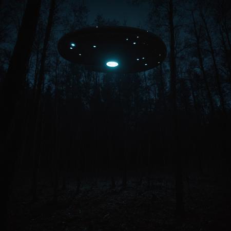Pitch black night, dark woods, aliens departing from UFO that landed in the woods, minimal light