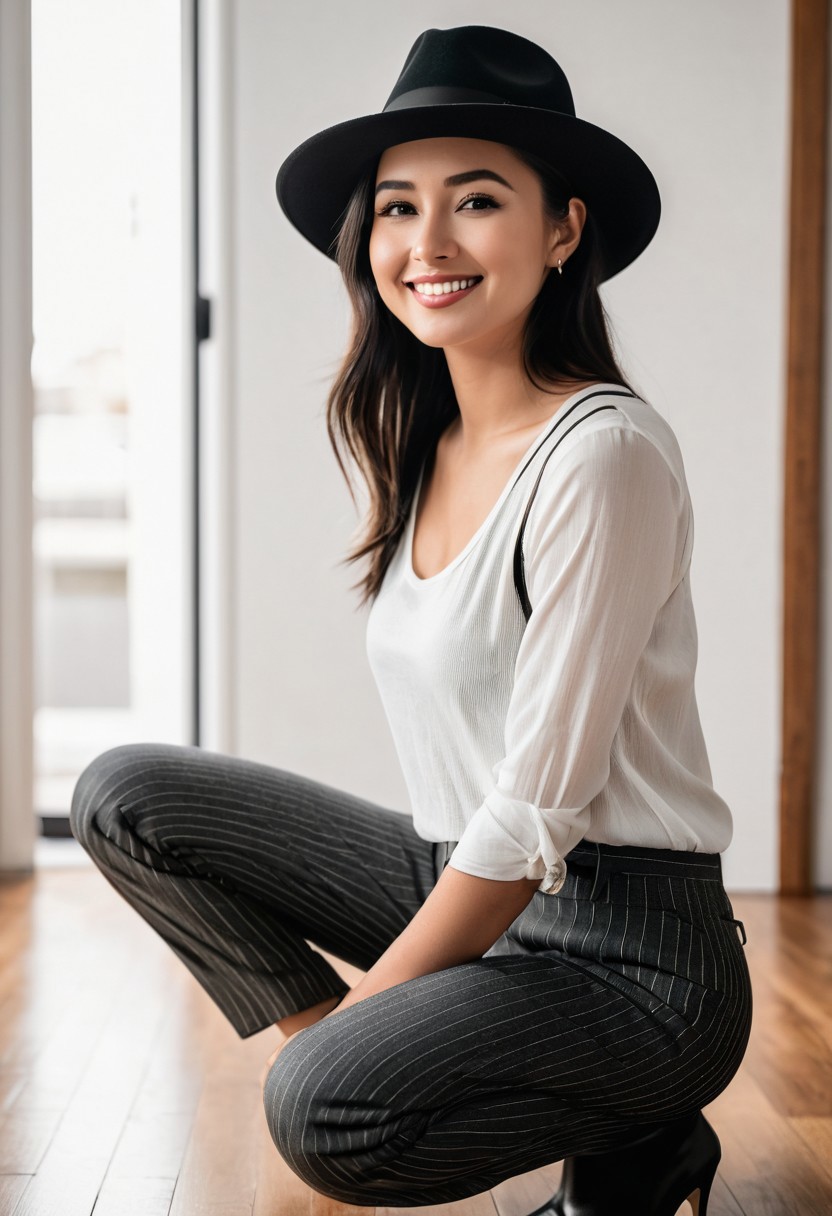 RAW photo, subject, 8k uhd, dslr, soft lighting, high quality, film grain, Fujifilm XT3 28 year old female, wearing black Fedora hat, white tank top, grey wrist watch, black pinstripe pants, mule heels, realistic, realism, round breast, full body view, slim body, kneeling on one knee, smiling, eyes looking to the side, arm resting on knee, hand on other knee, in apartment,