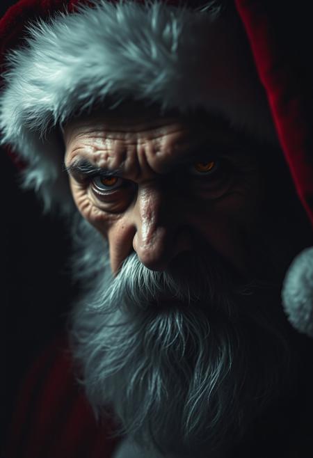 A old man dressed as santa in a dramatic, chiaroscuro-style close-up portrait, his expression is evil and mysterious, his glowing eyes seeming to hold untold secrets. Deep shadows obscure his face. His crimson santa hat fur trim is faintly visible against the darkness.