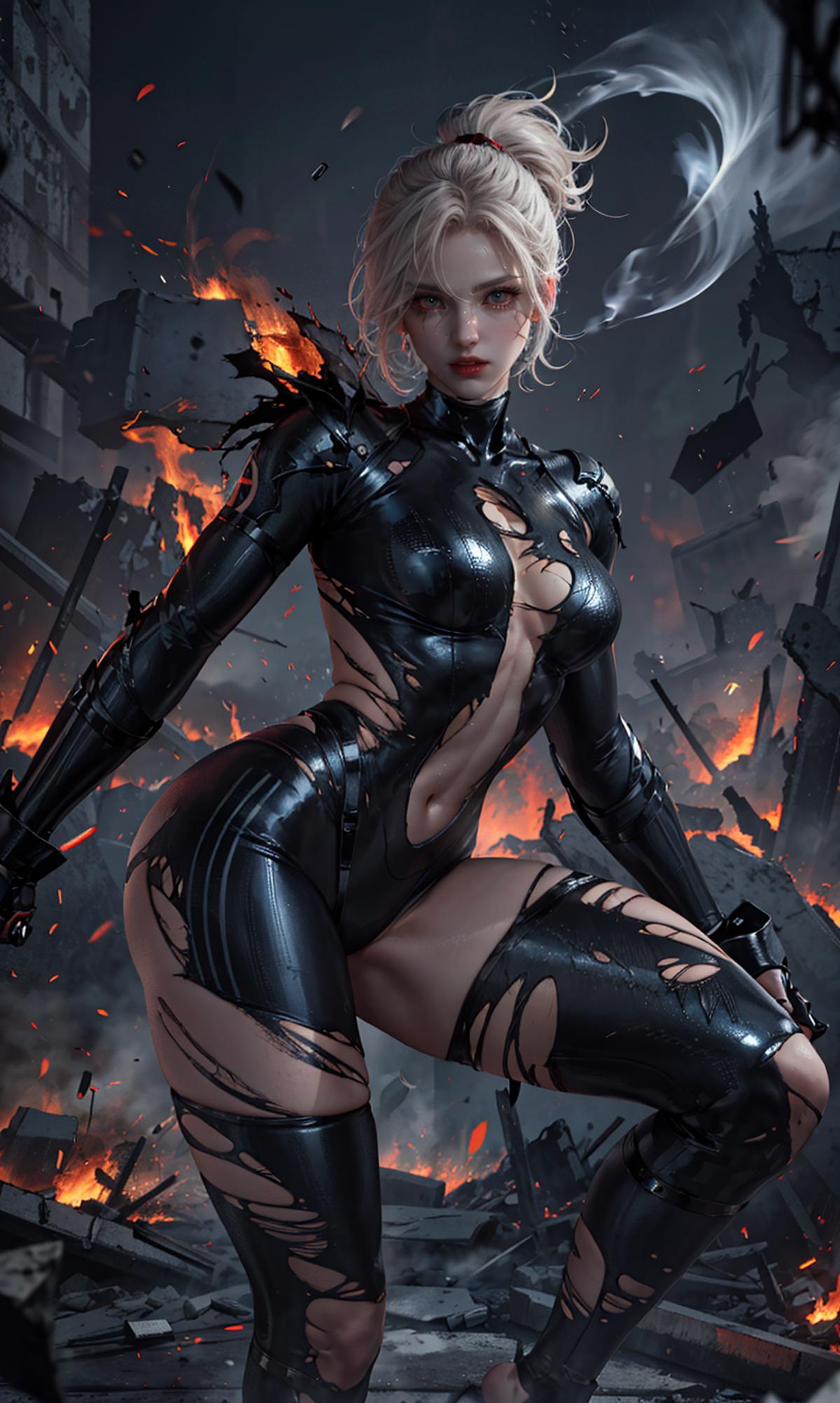 A sexy female character wearing a black bodysuit and high heels, posing in a futuristic setting with fire and destruction in the background.