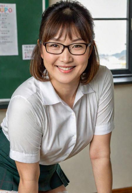 Japanese 40 year old woman, glasses eyes, medium hair bangs, small breast, big waist, thighhighs, face focus, detailed skin texture, natural lips, smiling, look at viewer, school uniform, (hdr), (smoldering gaze), twinkling smiley eyes, [pale green eyes:0.5], realistic skin texture