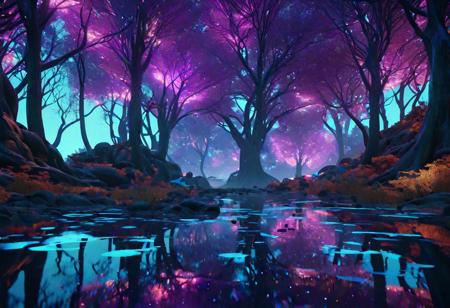 masterpiece, trees glimmering, iridescent colors, pastel tones, shimmery astral glow, warm contrasts, deep dark shadows, cinema4d rendering quality, metallic texture with naturalistic elements, glossy surface with soft lighting, cyberpunk meets nature, futuristic scifi with a touch of surrealism, visual impact with a lighter mood, epic visual effects with a serene touch, varying materials including organic textures, chrome finish with iridescent shimmer, neon accents with warm pastel backlighting, reflective surfaces with a soft glow, depth of field enhanced for dreamy effect, trees connected to each other, Looks like an Avatar movie feeling, trees everywhere, plants, blue and purple , in the center stands an android girl, blue glimmer, perfection, beautiful, clean,hyper realistic