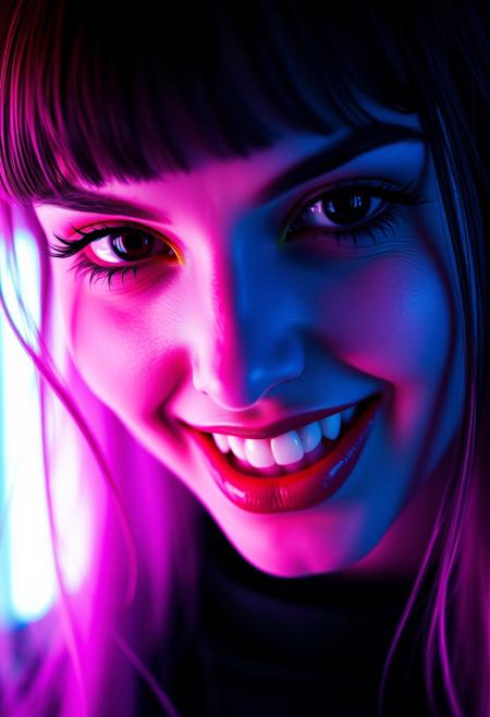 a close portrait photo of an ethereal beauty, a cyberpunk girl bathing in neon light, her eyes are black as obsidian and a cruel smile plays on her lips, slightly exposing her pointy fangs,  as she is searching for her victim,