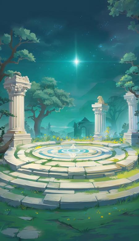 dipan,no humans, sky, scenery, dipan,no humans, tree, scenery, star (sky), sky, grass, pillar, outdoors, stairs, starry sky, night, magic circle, night sky, column, birdï¼center composition<lora:game dipan_20231028105647:0.7>, (illustration:1.0), masterpiece, best quality,