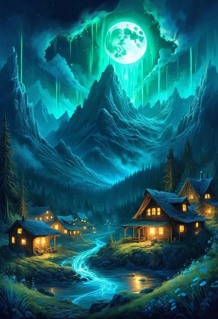 (by Ellen Jewett:1.5), (Bioluminescent Impressionism, alien mountain landscape , The Dreamland, A captivating night scene illustration featuring The Pacific Northwest with great mountains. The great cozy cabins and villages are very comfortable with smoke rising from the chimneys. This enchanting artwork captures a dark but comforting night, where a brilliant moon hangs above and over the  great landscape  and advanced village which  stands resolute amidst the great mountains, creating a cinematic experience.,, illustration, cinematic
<lora:DonM3t3rn1tyXL-v1.1:0.7>, DonM3t3rn1tyXL,
OverallDetailXL  <lora:MJ52:0.3>  <lora:SDXLFaeTastic2400:0.4>  <lora:EpicF4nta5yXL:0.7>.  great beams of light shooting up into the sky,  sky sunset, sunrise ,waterfall, ethereal landscapes, depth of field, biotech emotion:1.3) <lora:xl_more_art-full_v1:0.5> <lora:add-detail-xl:1> <lora:RMSDXL_Creative:2>