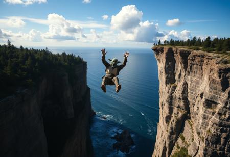 realistic, complex shadows, intricate details, high quality, hi res, best quality, beautiful, BREAK jar jar binks, screaming, jar jar binks falling off a cliff, flailing arms, view from a distance, 50 meters away, far away, forest, cliff face, ocean, sharp rocks at bottom of cliff, blue sky, clouds, vivid colours, high contrast,