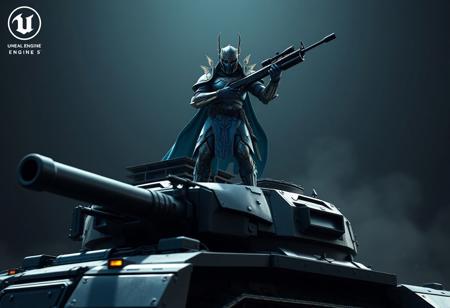 Gaia the Fierce Knight, a vigilant warrior in intricate blue-green armor, wielding a black rifle, stands commandingly atop a colossal tank. Poised for action, one hand on weapon, other at hip. High-contrast dramatic lighting. Cinematic. Trending on Artstation, Unreal Engine 5, Octane Render, sharp focus, detailed, dynamic pose, golden ratio.