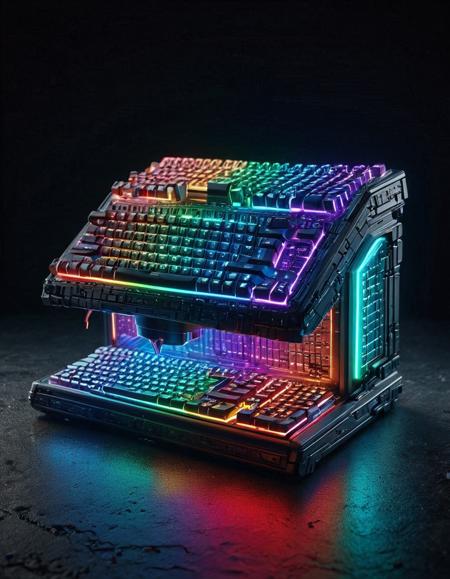 rgb keyboard, futuristic design, translucent materials, glowing circuitry, abstract background, energy particles, sci-fi aesthetic, volumetric lighting, detailed surface, smooth gradients <lora:RGB_Keyboard_themed:1>