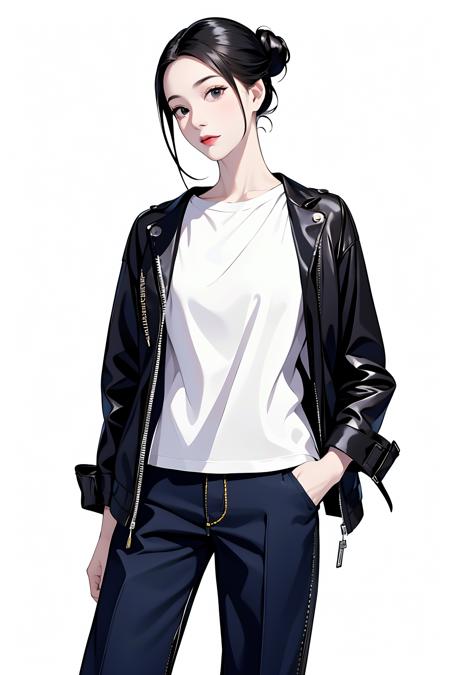 masterpiece, best quality, ((pure white background)), standing, black hair bun,cold face, full body, jacket, T-shirt, pants, (Fashionable clothing), happy, light effect, soft, super clear, high-definition picture, (front)