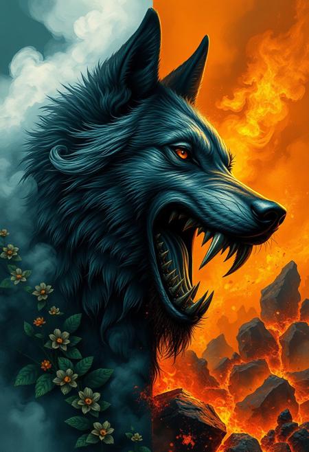 Highly detailed, left hand side white smoke and fog/right hand side lava fire and ashes highly cinematic, close-up image of a goddess wolf over the fractal fog world, perfect composition, dark colours, green leaves, forest, lots of details, flowers, metallic ink, beautifully lit, fire and smoke, a fine art painting by drew struzan and karol bak, gothic art, dark and mysterious, in the playful scribble drawing style. triadic complementary colors, dark and moody surreal nightmare of an eerie laugh, a mouth distorted, wide grin, and full of sharp nails, in the realm of the damned dreaded souls, teal and orange color grading, yellow abstract geometric gradients stain the orangish background