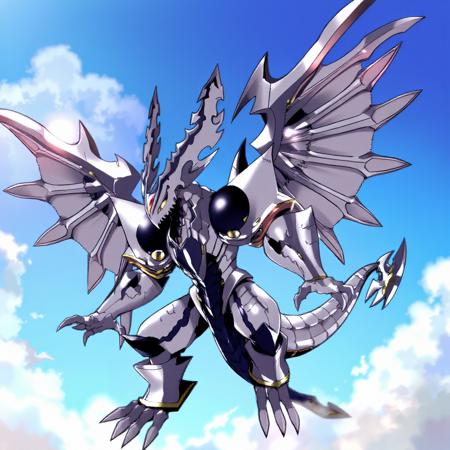 anime,studio ghibli,solo,dorugoramon,wings,horns,tail,yellow eyes,flying,sky,clouds,open mouth,