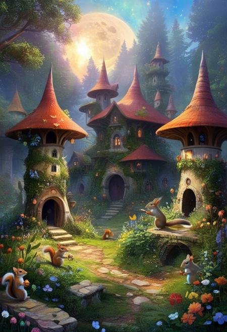 Impressionism, whimsical and ethereal concept art, landscape creator, abandoned elven village in the forest, overgrown gardens, squirrels storing nuts, extremely detailed, vibrant dream, pale reality, linquivera, liiv1, magnificent, celestial, ethereal, painterly, epic, majestic, magical, fantasy art, cover, dreamlike, painterly, small brushstrokes, visible brushstrokes, impressionist style