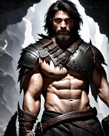 award winning waist up photo of a rugged fantasy barbarian, wearing torn leather jerkin, muscular, scarred and scratched, short black hair, gray eyes, cave ceiling in background, dark, shadow creatures in background, dark, ominous, cave, high contrast, shiny skin, backlighting, bloom, light sparkles, chromatic aberration, sharp focus